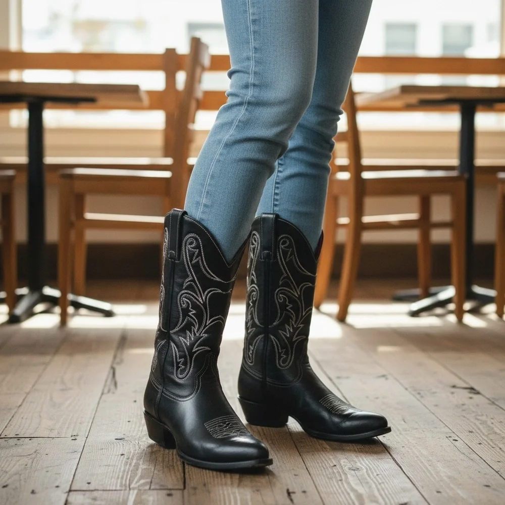 VINTAGE 1990 Frye Black Red Contrast Leather Embroidery Stitch Tall Cowboy Boot